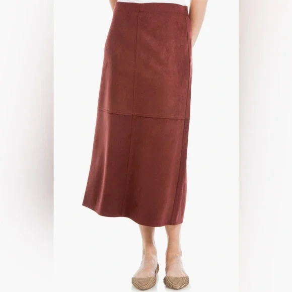 MAX STUDIO Faux Suede Leather Burgundy A-Line Midi Skirt - Picture 2 of 13